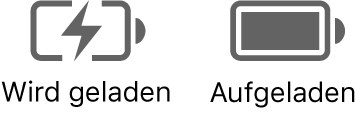 Symbole für eine Batterie, die aufgeladen wird bzw. aufgeladen ist