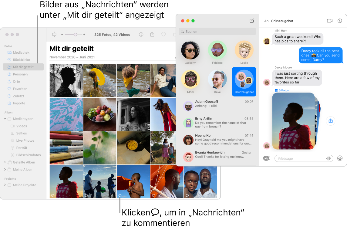 Eine Konversation in der App „Nachrichten“ zeigt rechts einen Stapel mit Fotos und der Bereich „Mit dir geteilt“ eines Fensters der App „Fotos“ zeigt Fotos, die über die App „Nachrichten“ geteilt wurden.