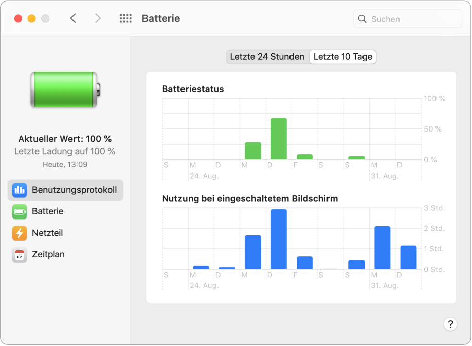 Das Fenster für das Benutzungsprotokoll der Batterie mit ausgewählter Option „Letzte 10 Tage“.