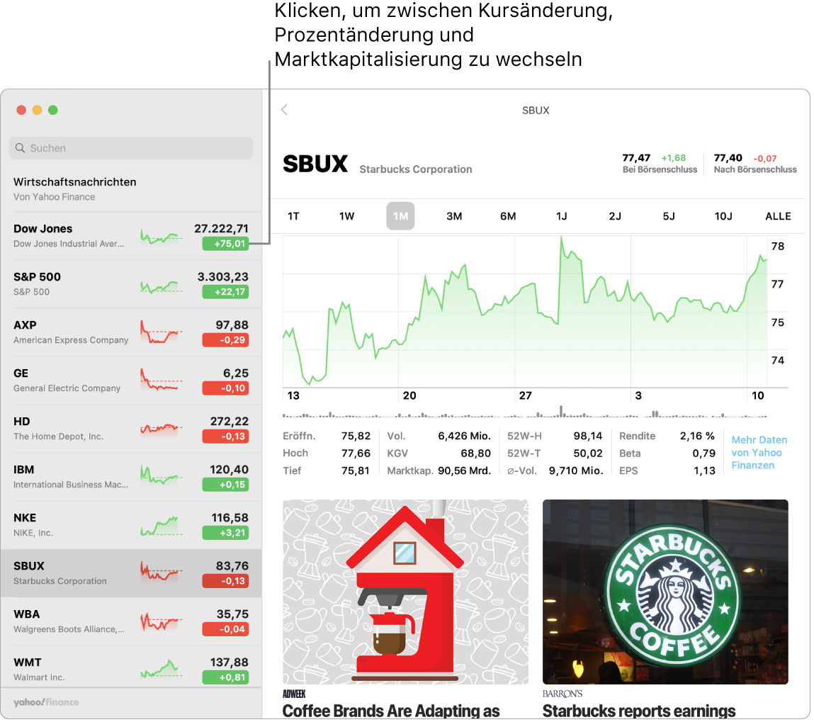 Ein Aktien-Bildschirm mit Informationen und Storys über die gewählte Aktie mit dem Text „Klicke, um zwischen Kursänderung, Veränderung in Prozent und Marktkapitalisierung zu wechseln“.