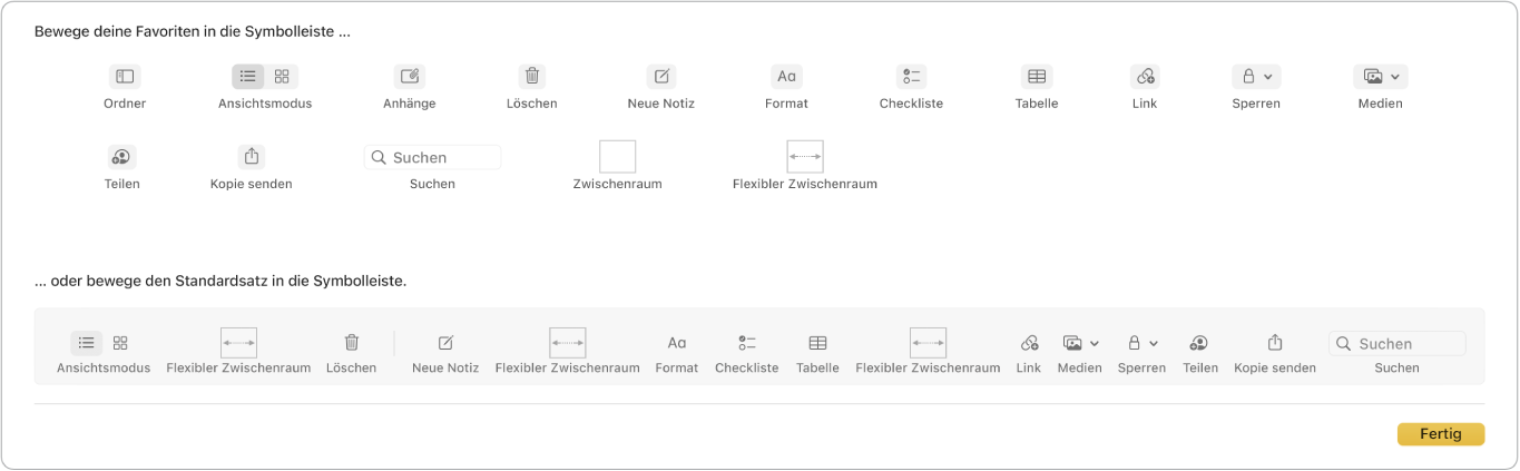 Ein Fenster der App „Notizen“ mit den verfügbaren Optionen zum Anpassen der Symbolleiste.