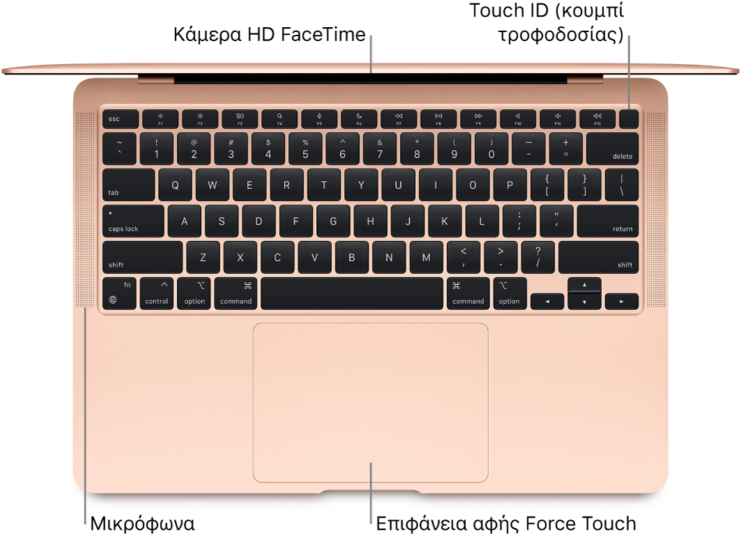 Εικόνα ενός ανοιχτού MacBook Air, με επεξηγήσεις για την κάμερα HD FaceTime, το Touch ID (κουμπί λειτουργίας), τα μικρόφωνα και την επιφάνεια αφής Force Touch.