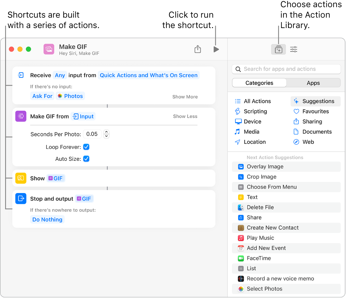 The Make GIF shortcut editor on the left and the action library on the right.