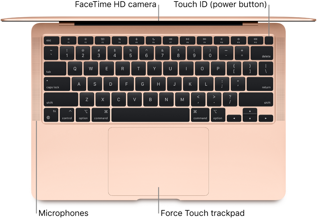 Looking down on an open MacBook Air, with callouts to the FaceTime HD camera, Touch ID (power button), the microphones, and the Force Touch trackpad.
