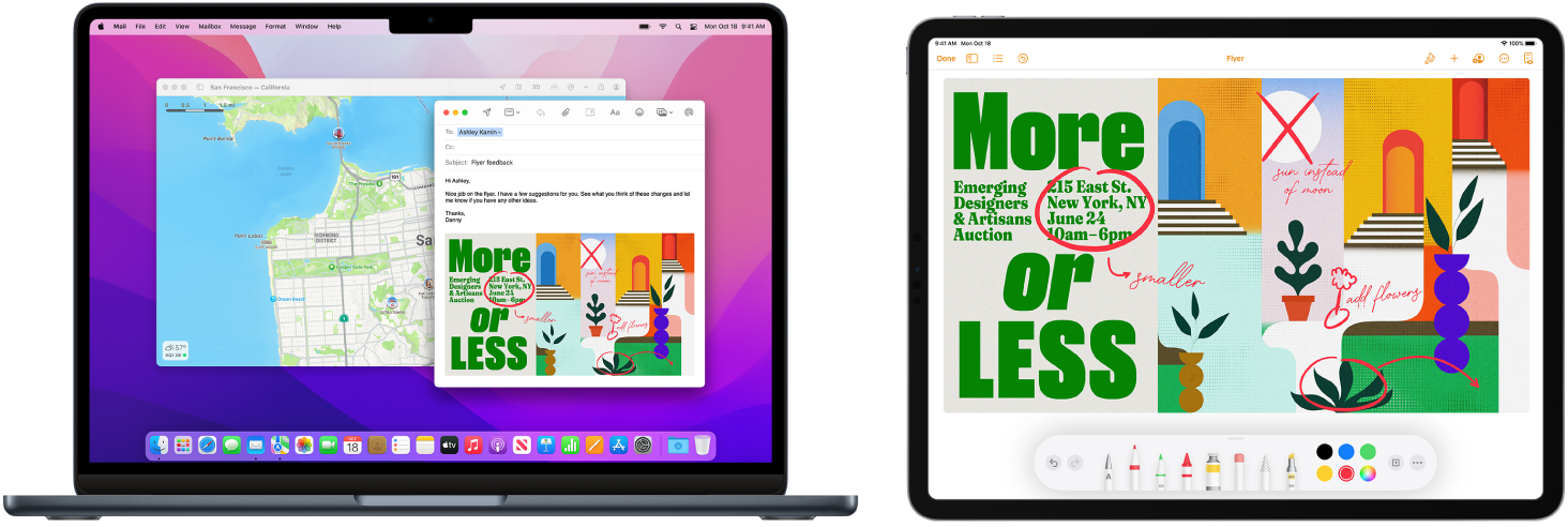 A MacBook Air and iPad are shown next to each other. The iPad screen shows a flyer with annotations. The MacBook Air screen has a Mail message with the annotated flyer from the iPad as an attachment.