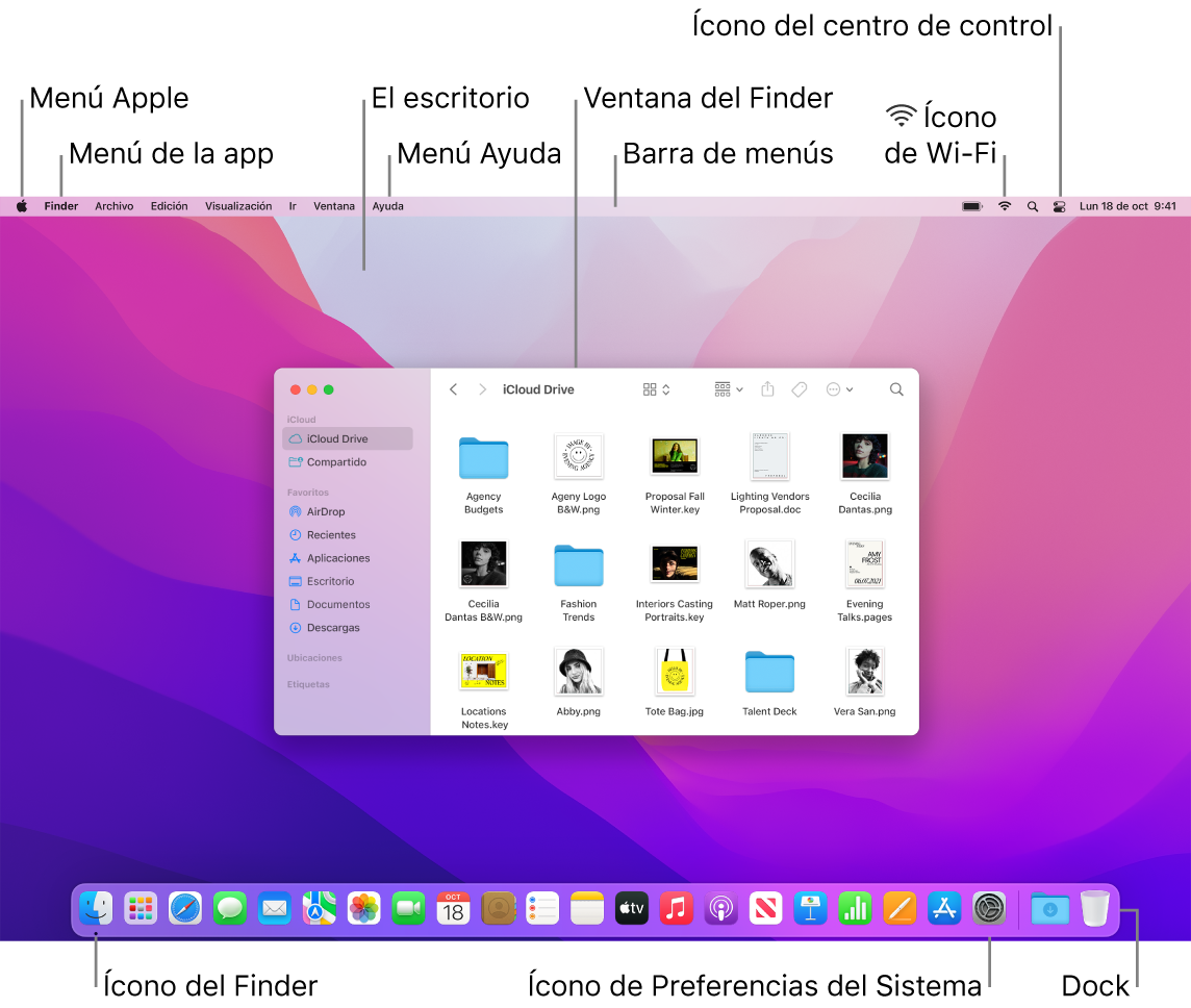 La pantalla de una Mac mostrando el menú Apple, el menú de la app, el escritorio, el menú Ayuda, una ventana del Finder, la barra de menús, el ícono de Wi-Fi, el ícono del Centro de control, el ícono de Pedirle a Siri, el ícono del Finder, el ícono de Preferencias del Sistema y el Dock.