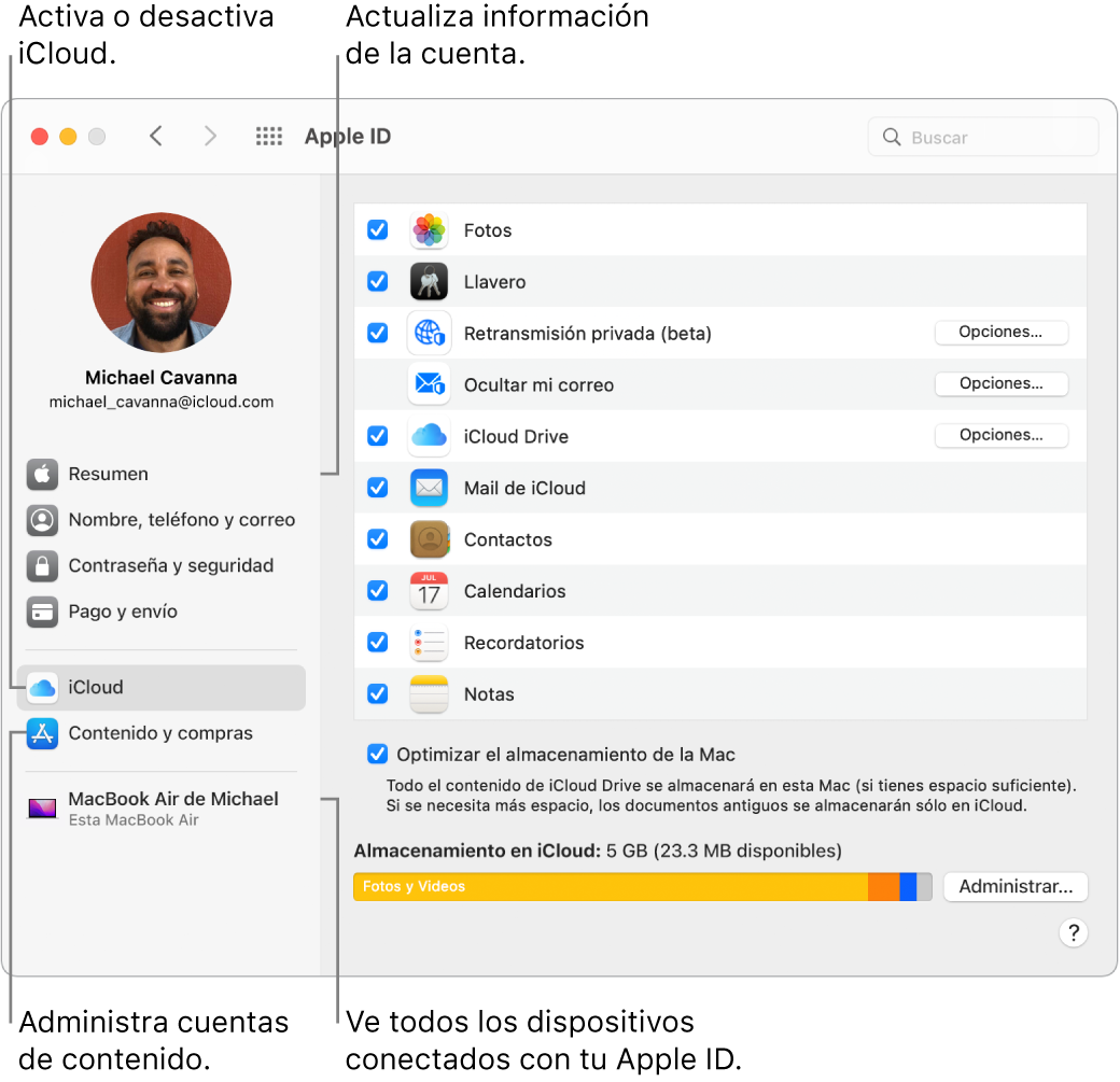 El panel Apple ID de Preferencias del Sistema. Haz clic en un elemento en la barra lateral para actualizar la información de tu cuenta, activar o desactivar iCloud, administrar cuentas de contenido y ver todos los dispositivos en los que has iniciado sesión con tu Apple ID.