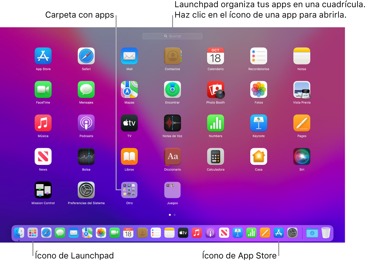 La pantalla de la Mac con el Launchpad abierto, mostrando una carpeta de apps en el Launchpad y los íconos del Launchpad y de App Store en el Dock.