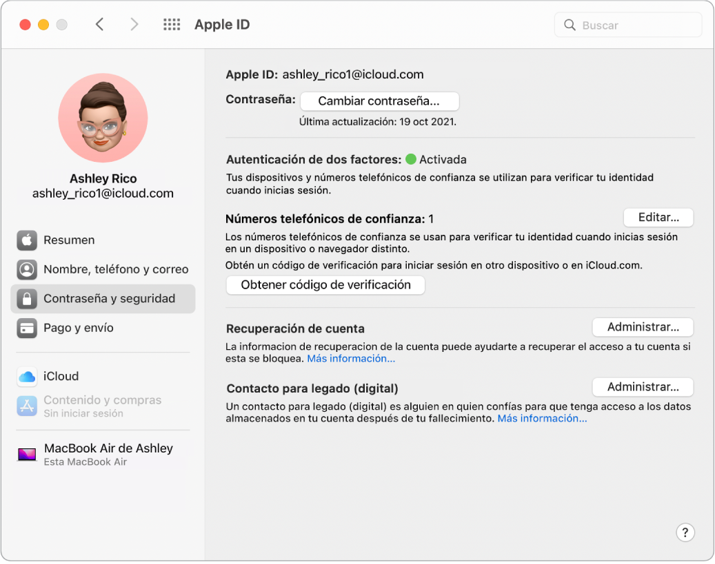 La sección “Contraseña y seguridad” de Apple ID en Preferencias del Sistema. Haz clic en Administrar para configurar la recuperación de cuenta.