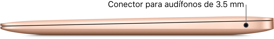 La vista lateral derecha de una MacBook Air con un texto que indica el conector de 3.5 mm para audífonos.