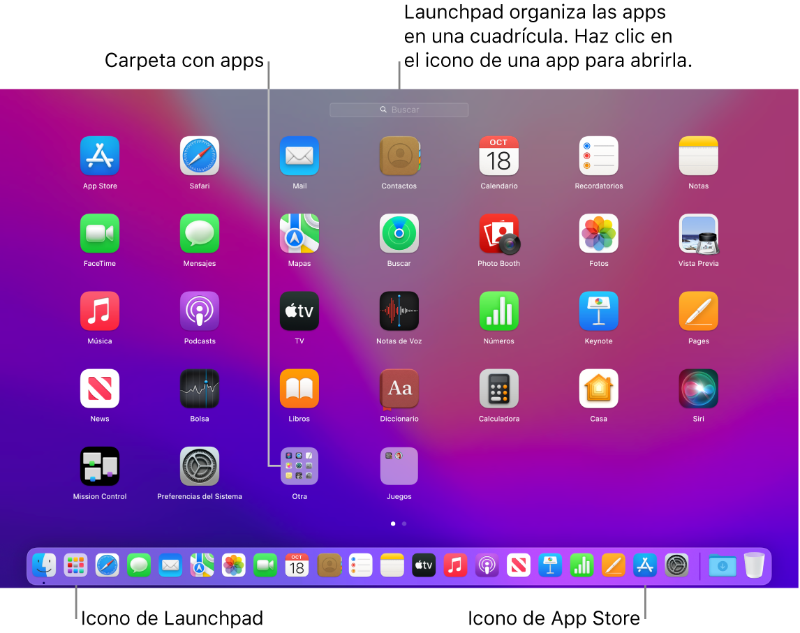 Una pantalla de Mac con Launchpad abierto, donde se muestra una carpeta de apps en Launchpad y los iconos de Launchpad y de App Store en el Dock.