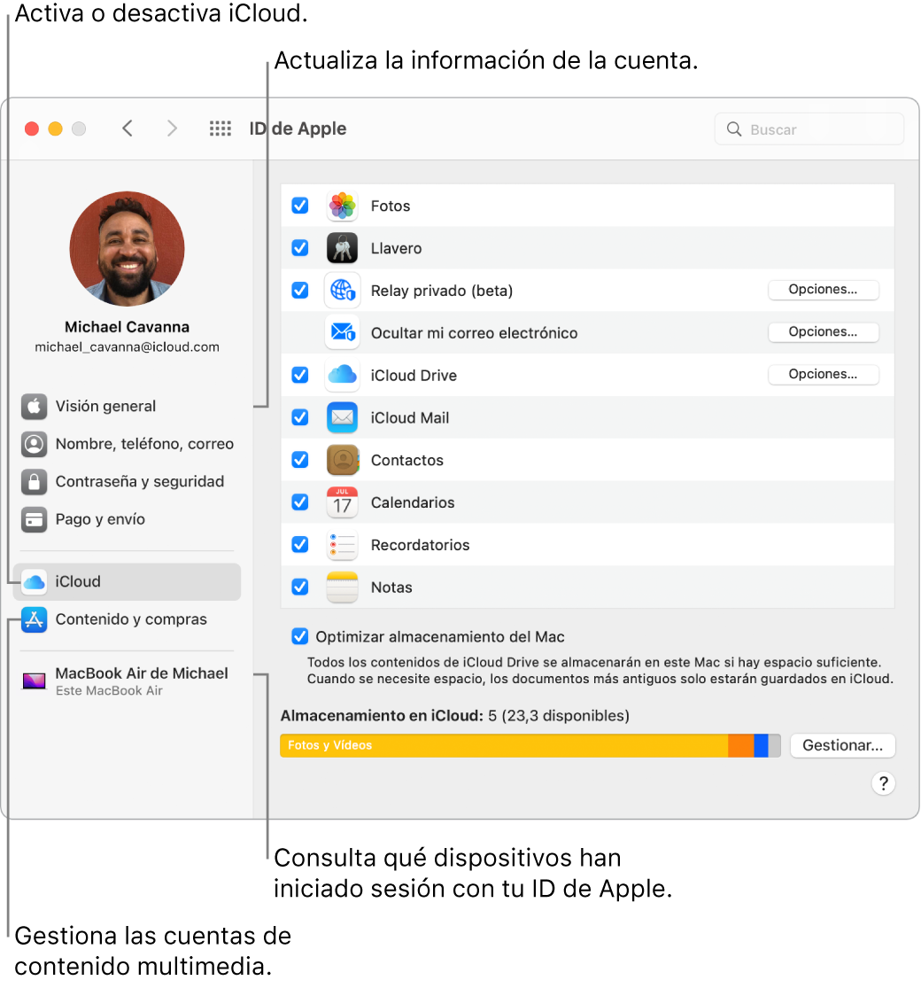 El panel ID de Apple de Preferencias del Sistema. Haz clic en un ítem de la barra lateral para actualizar la información de tu cuenta, activar o desactivar iCloud, gestionar tus cuentas de redes sociales y ver todos los dispositivos que han iniciado sesión con tu ID de Apple.