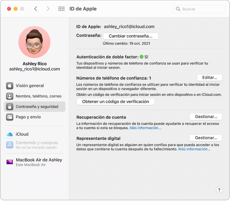 La sección “Contraseña y seguridad” de ID de Apple en Preferencias del Sistema. Haz clic en Gestionar para configurar “Recuperación de cuenta”.