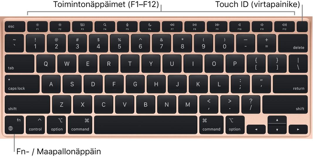 MacBook Airin näppäimistö, jossa on rivi toimintonäppäimiä, yläreunassa Touch ID ja vasemmassa alakulmassa toimintonäppäin (fn).