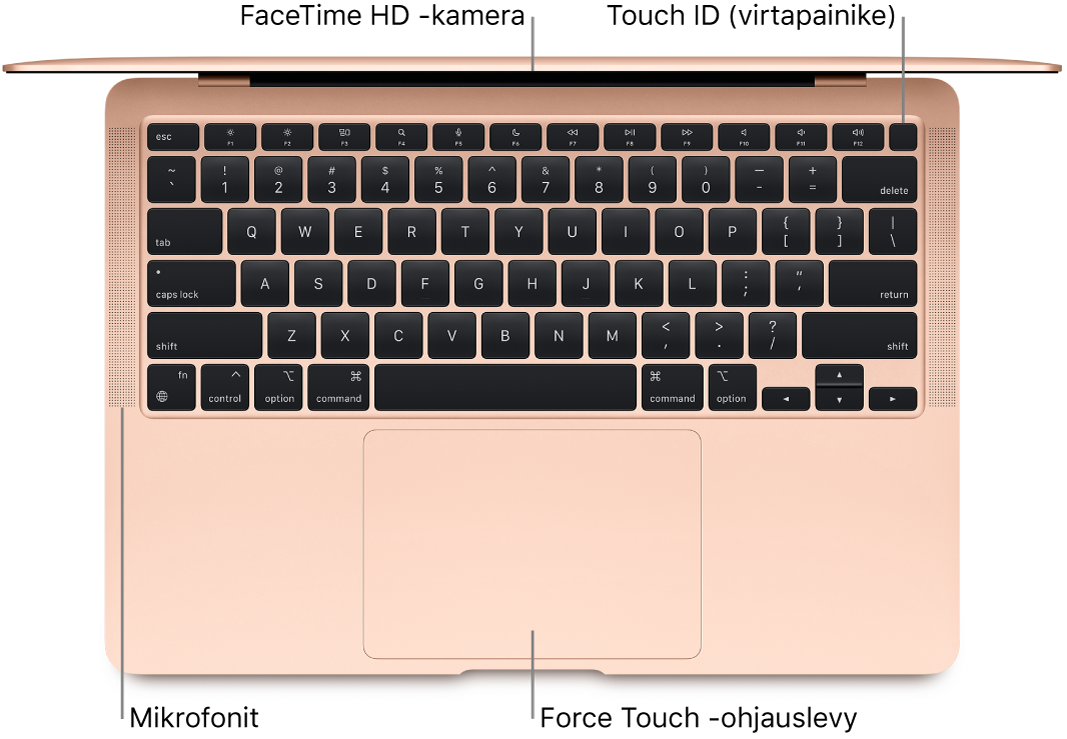 Avoin MacBook Air ylhäältä katsottuna sekä selitteet FaceTime HD -kameraan, Touch ID:hen (virtapainikkeeseen), mikrofoneihen ja Force Touch -ohjauslevyyn.