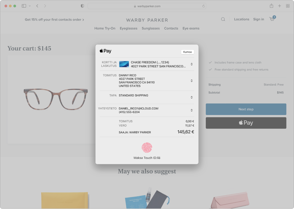 Macin näyttö verkko-ostoprosessista Apple Pay -vaihtoehdolla Safarissa.