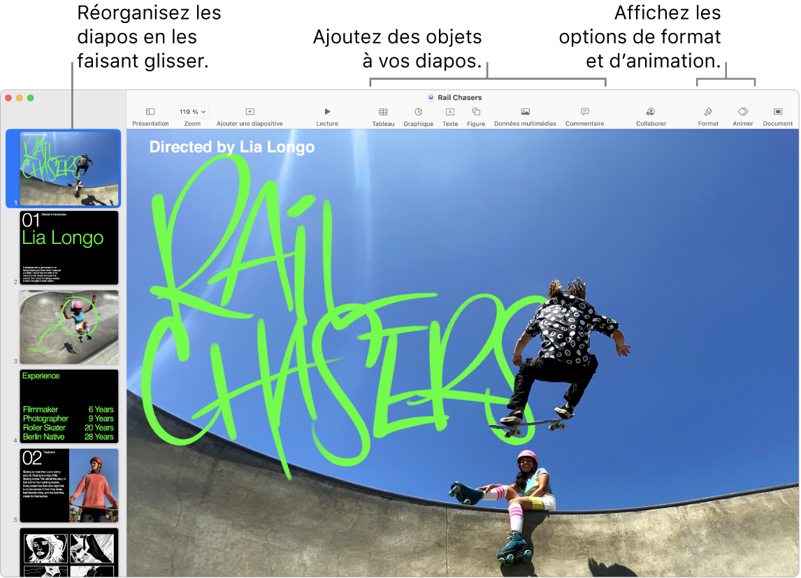 Fenêtre de Keynote affichant le navigateur de diapositives sur la gauche et comment réorganiser les diapositives, la barre d’outils et les outils d’édition en haut, le bouton Collaborer en haut à droite, ainsi que les boutons Format et Animer sur la droite.