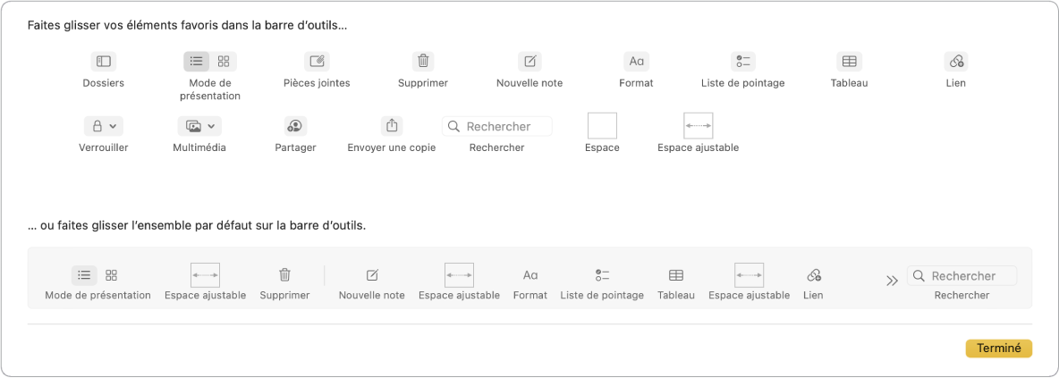 Fenêtre de Notes affichant les options disponibles de la barre d’outils personnalisée.