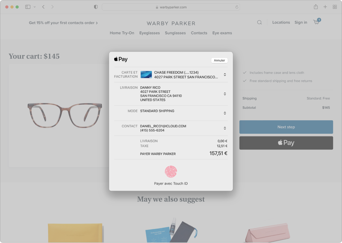 Écran d’un Mac affichant un achat en ligne en cours utilisant l’option Apple Pay dans Safari.