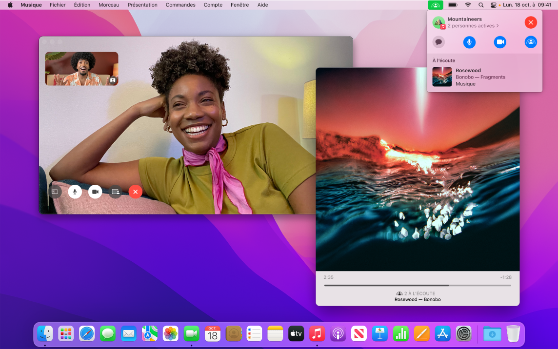 Expérience d’écoute partagée avec les participants dans la fenêtre FaceTime et une fenêtre de l’app Musique qui lit un morceau.