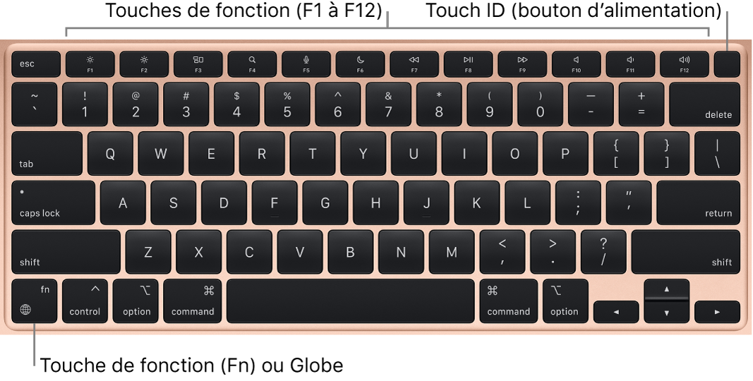 Clavier du MacBook Air affichant la rangée de touches de fonction et la touche d’alimentation de Touch ID dans la partie supérieure, ainsi que la touche de fonction Fn dans le coin inférieur gauche.