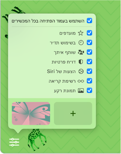 התפריט הקופצני “התאמה אישית של Safari” עם תיבות הסימון: ”מועדפים״, “בשימוש תדיר”, “דוח פרטיות”, “הצעות של Siri”, “רשימת קריאה” ו”תמונת רקע”.