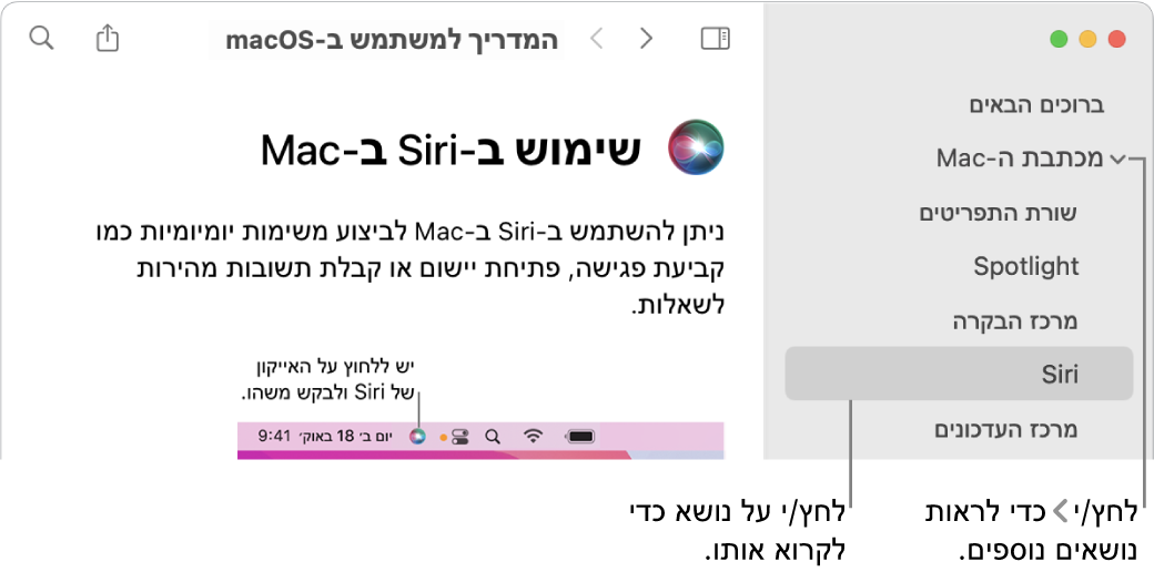 מציג העזרה המראה כיצד לצפות בנושאים המופיעים בסרגל הצד וכיצד להציג את התוכן של נושא.