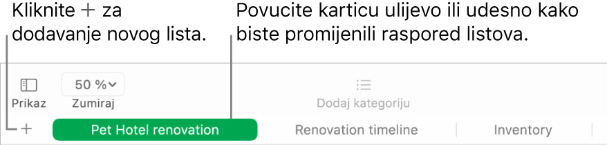 Prozor aplikacije Numbers prikazuje način za dodavanje novog lista i za razvrstavanje listova.