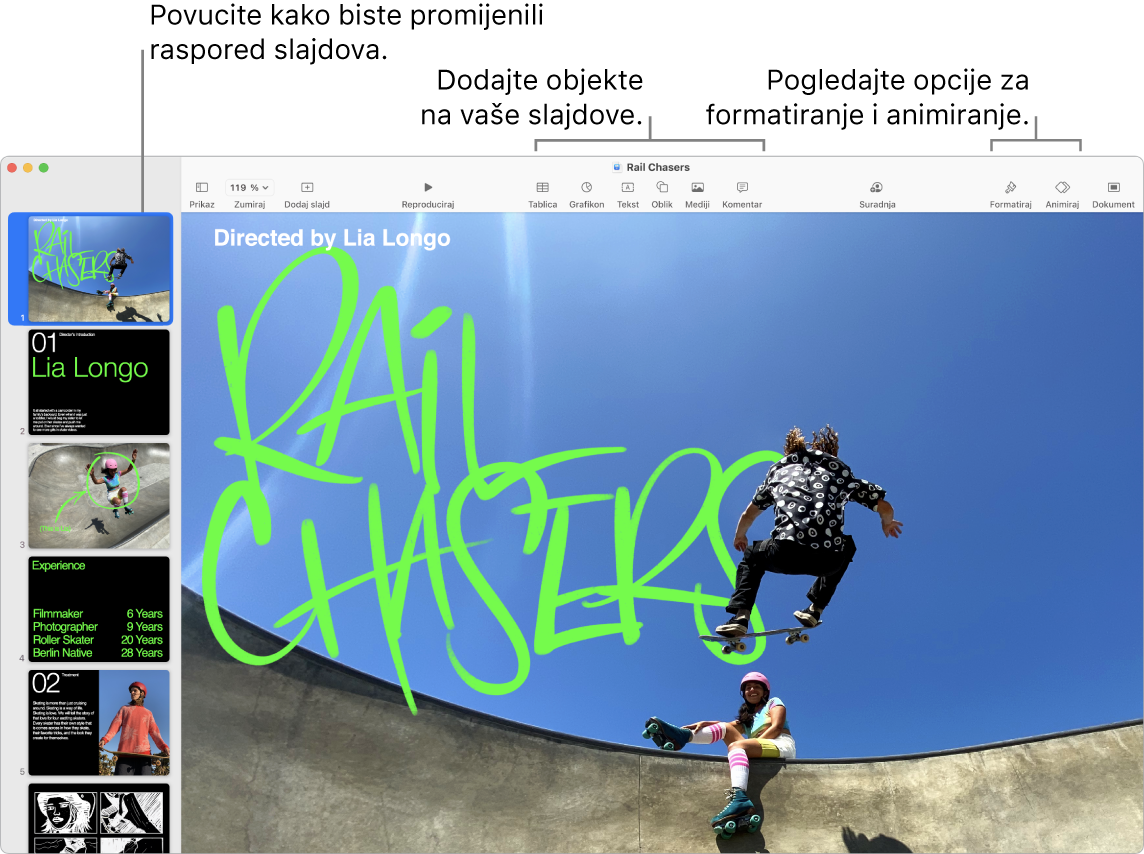 Prozor aplikacije Keynote s prikazom navigatora za slajdove s lijeve strane i načina preraspoređivanja slajdova, alati za uređivanje na vrhu, tipka za suradnju u blizini gornjeg desnog dijela te tipke Format i Animiraj s desne strane.