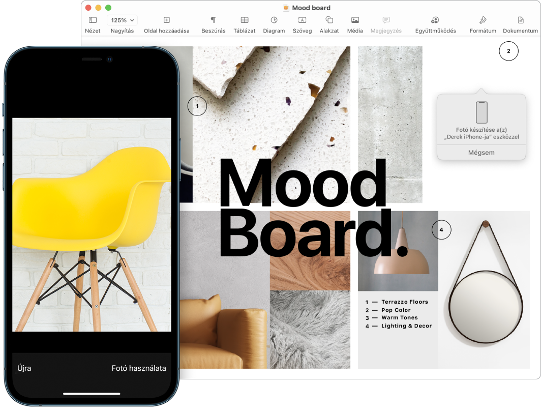 Egy iPhone egy fotót jelenít meg, és a egy Mac gép képernyőjén egy Pages-dokumentum látható egy üzenetmezővel, ahová a fotó kerül majd.