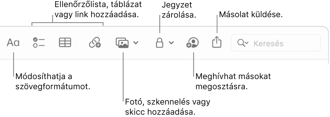 A Jegyzetek eszközsor a szövegformátum, az ellenőrzőlista, a táblázat, a link, a fotók/média, a zár, a megosztás és a másolat küldése eszközök ábrafelirataival.