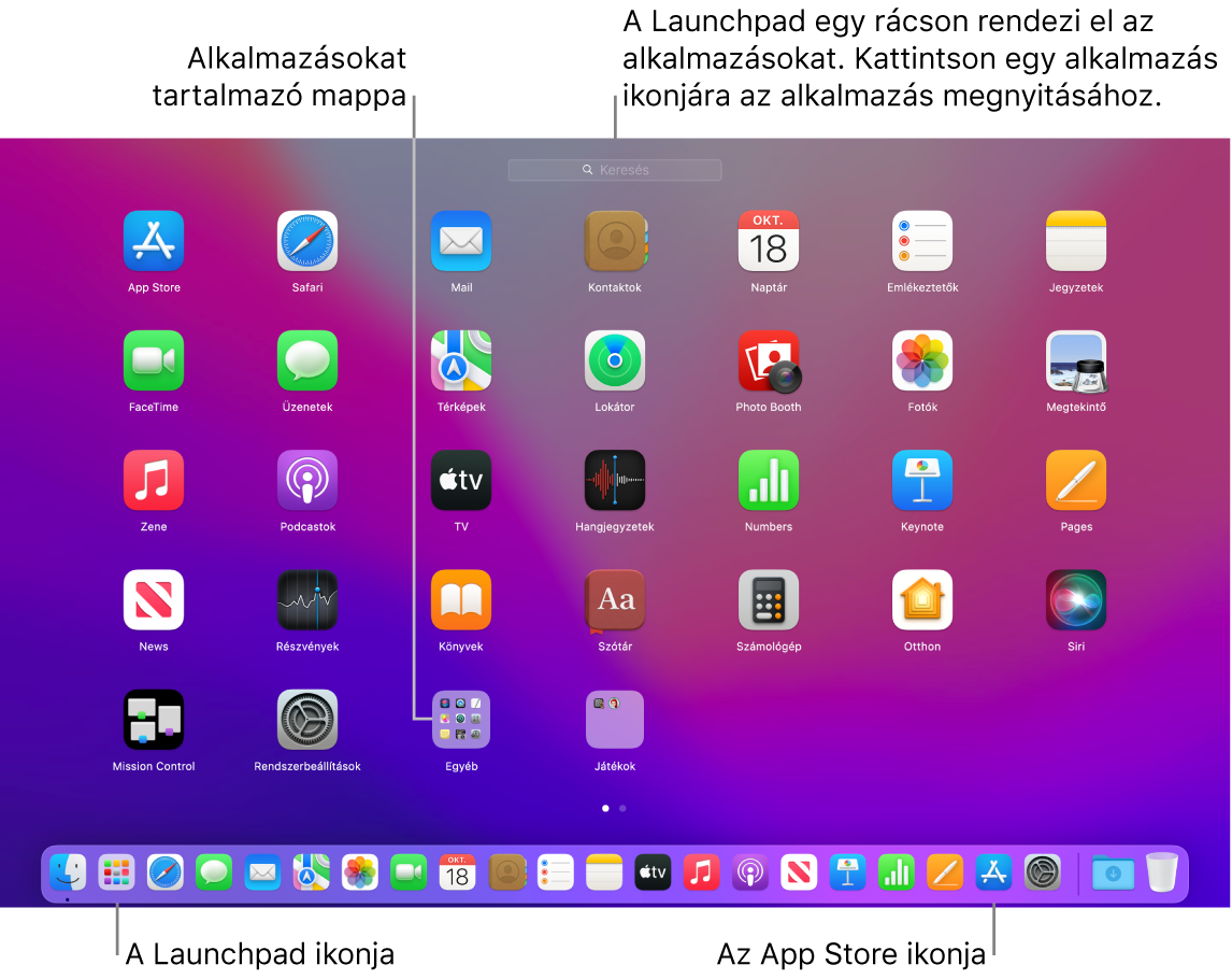 Egy Mac gép képernyője a megnyitott Launchpad alkalmazással, amelyben az alkalmazások mappája látható, valamint a Launchpad és az App Store ikonjaival a Dock területén.