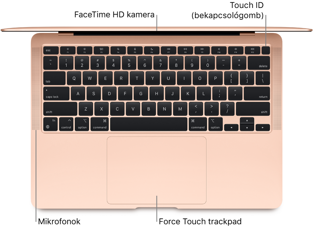A kinyitott MacBook Air felülnézete a FaceTime HD-kamerára, a Touch ID-ra (bekapcsológombra), a mikrofonokra és a Force Touch trackpadre mutató feliratokkal.
