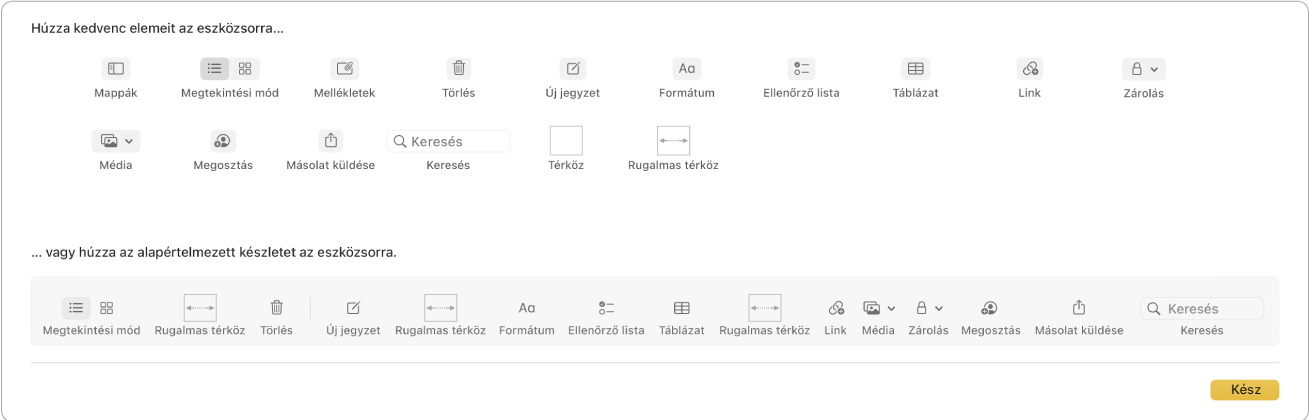 A Jegyzetek ablak a testreszabás eszközsor elérhető beállításaival.