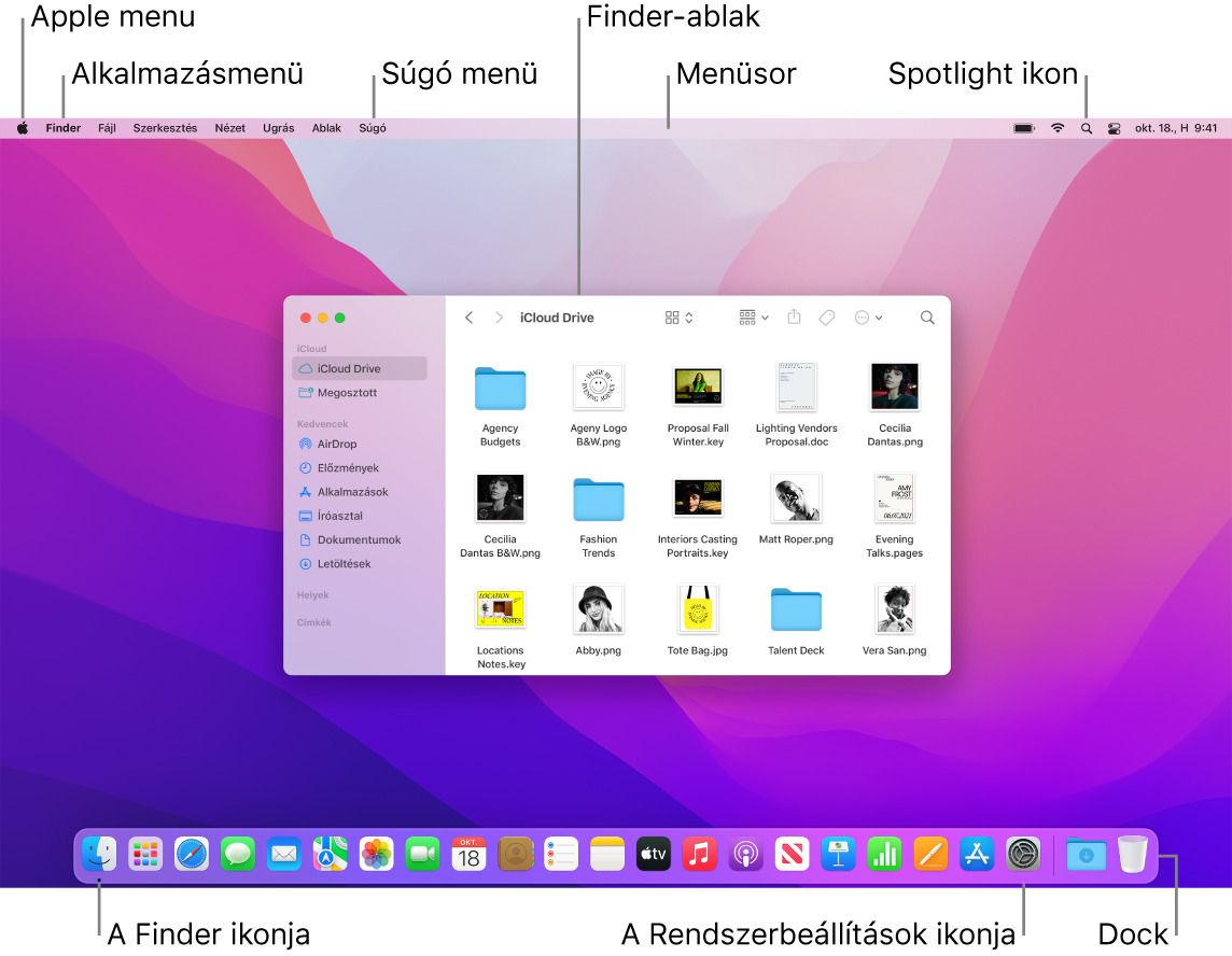 A Mac gép képernyője az Apple menüvel, az App menüvel, a Súgó menüvel, a Finder ablakával, a menüsorral, a Spotlight ikonjával, a Finder ikonjával, a Rendszerbeállítások ikonjával és a Dockkal.