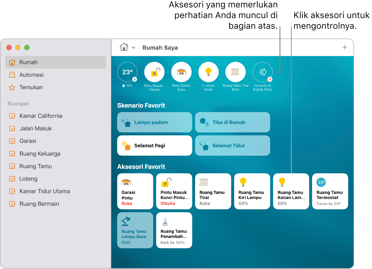 App Rumah menampilkan skenario dan aksesori favorit.