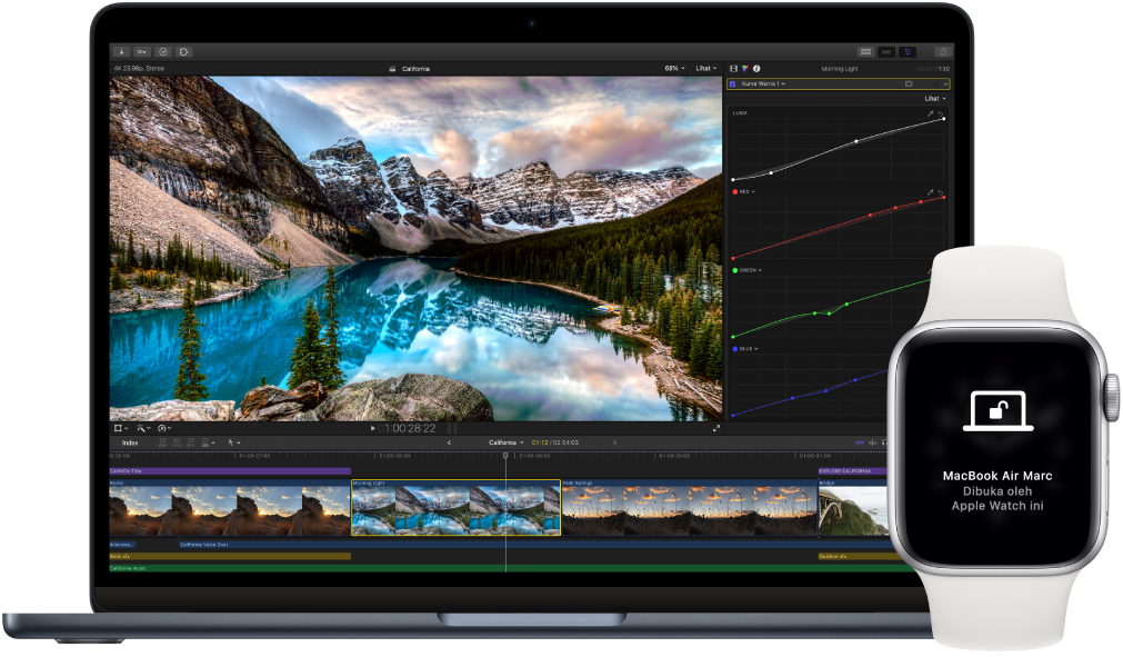 MacBook Air, di samping Apple Watch menampilkan pesan bahwa Mac telah dibuka oleh Apple Watch.
