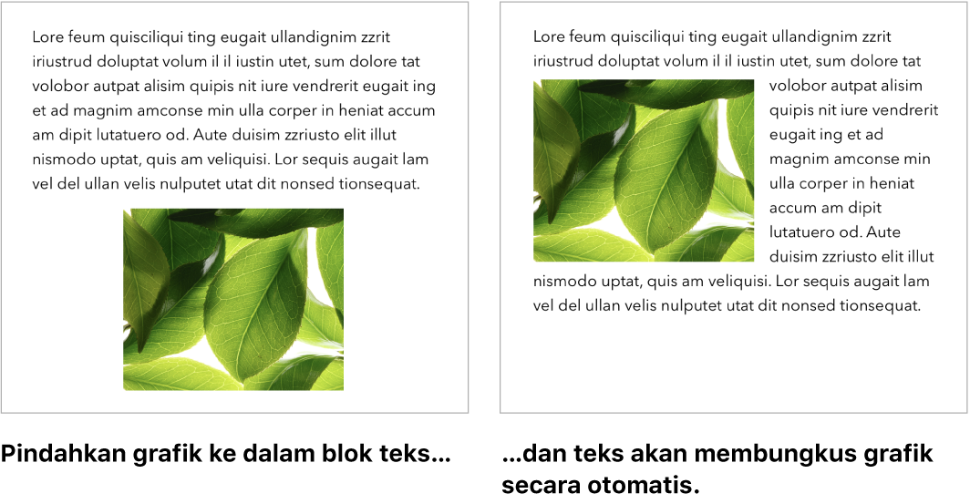 Jendela Pages menampilkan cara teks dibungkus di sekitar grafik.