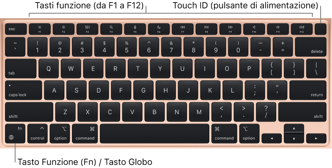 La tastiera di MacBook Air che mostra i tasti funzione, il pulsante di alimentazione Touch ID in alto e il tasto Funzione (Fn) nell'angolo in basso a sinistra.