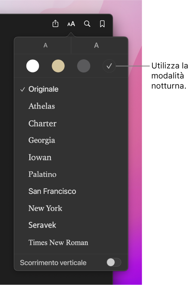 Immagine di una finestra di Libri in cui è visualizzato il menu Aspetto.