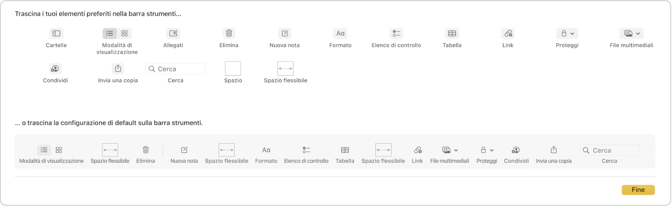 Una finestra di Note che mostra le opzioni della barra degli strumenti personalizzabili che sono disponibili.