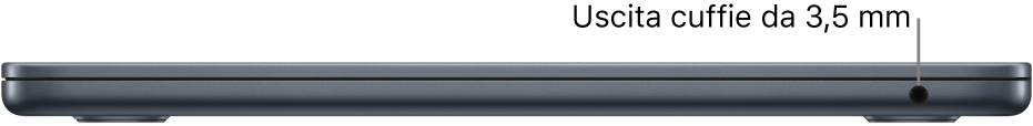 Vista del lato destro di un MacBook Air con una didascalia indicante la porta per le cuffie da 3,5 mm.