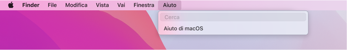 Una vista parziale della scrivania con il menu Aiuto aperto che mostra le opzioni di menu Cerca e Aiuto di macOS.