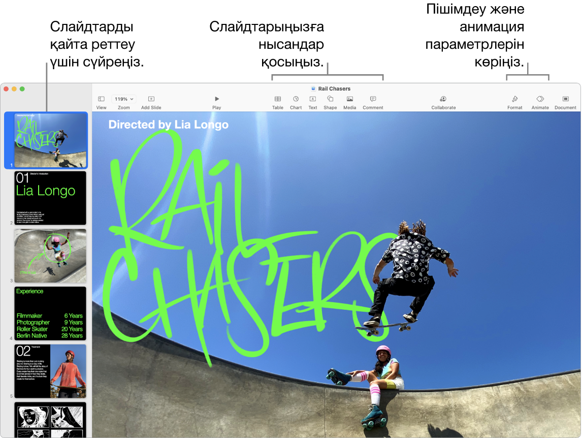Сол жағында слайд шарлағышын және слайдтарды қайта реттеу жолын, жоғарғы жағында құралдар тақтасы мен оның өңдеу құралдарын, жоғарғы оң жаққа жақын Collaborate түймесін және оң жақта Format және Animate түймелерін көрсетіп тұрған Keynote терезесі.