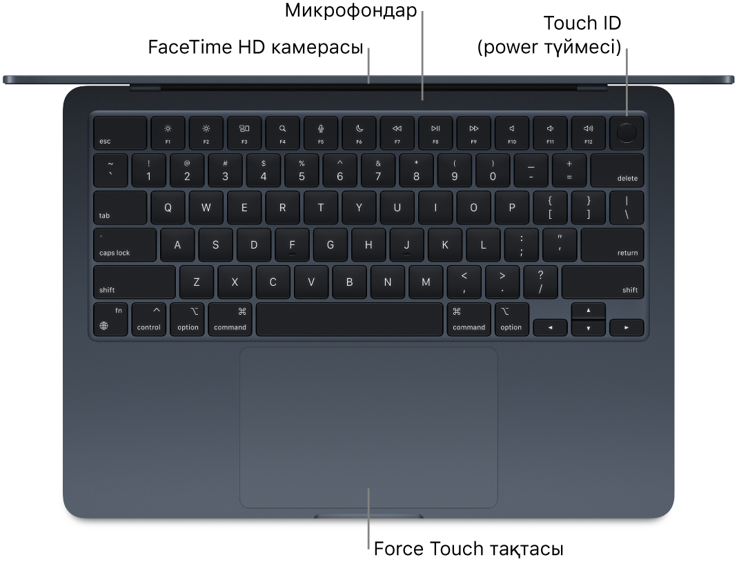 FaceTime HD камерасына, микрофондарға, Touch ID тақтасына (қуат түймесі) және Force Touch тақтасына тілше деректері бар ашық MacBook Air компьютерінің төменгі көрінісі.