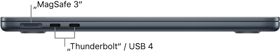 Kairioji „MacBook Air“ pusė, matomos „MagSafe 3“ ir „Thunderbolt“ / USB 4 prievadų nuorodos.