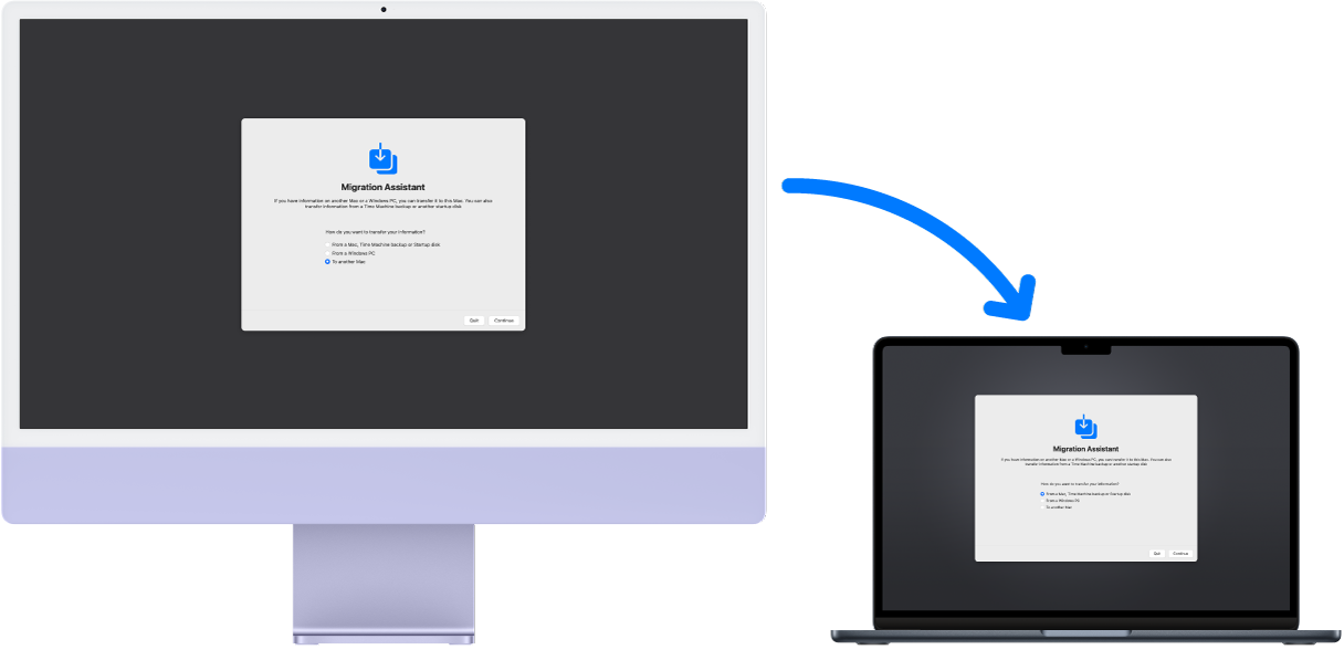 „iMac“ ir „MacBook Air“, kuriuose rodomas ekranas „Migration Assistant“. Rodyklė iš „iMac“ į „MacBook Pro“ rodo duomenų perkėlimą iš vieno į kitą.