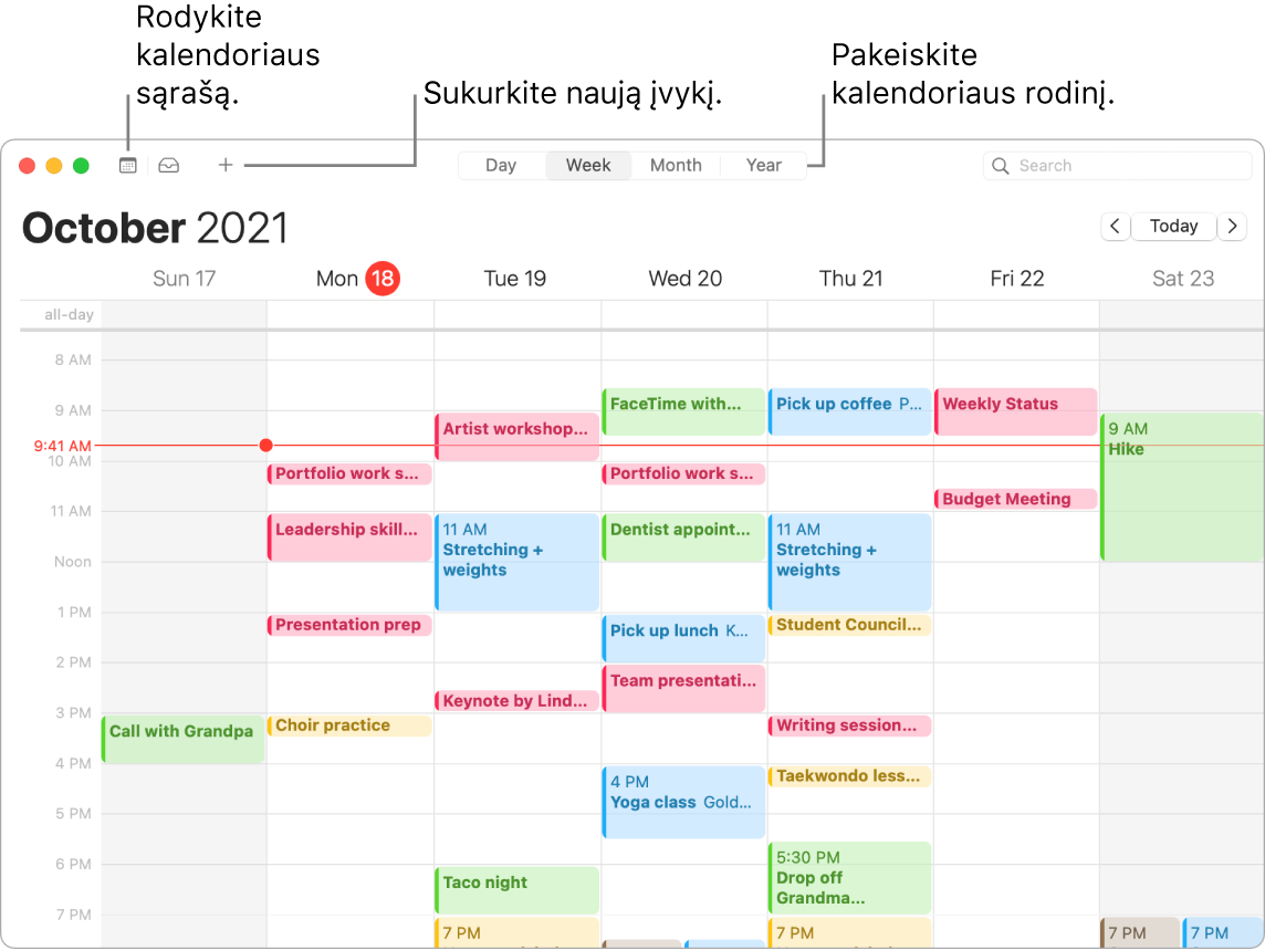 „Calendar“ langas, rodantis kalendorių sąrašą, nurodantis, kaip sukurti įvykį ir pasirinkti rodinį „Day“, „Week“, „Month“ arba „Year“.