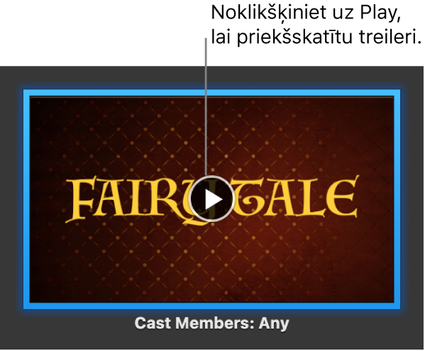 Lietotnes iMovie treilera ekrānā redzama poga Play.