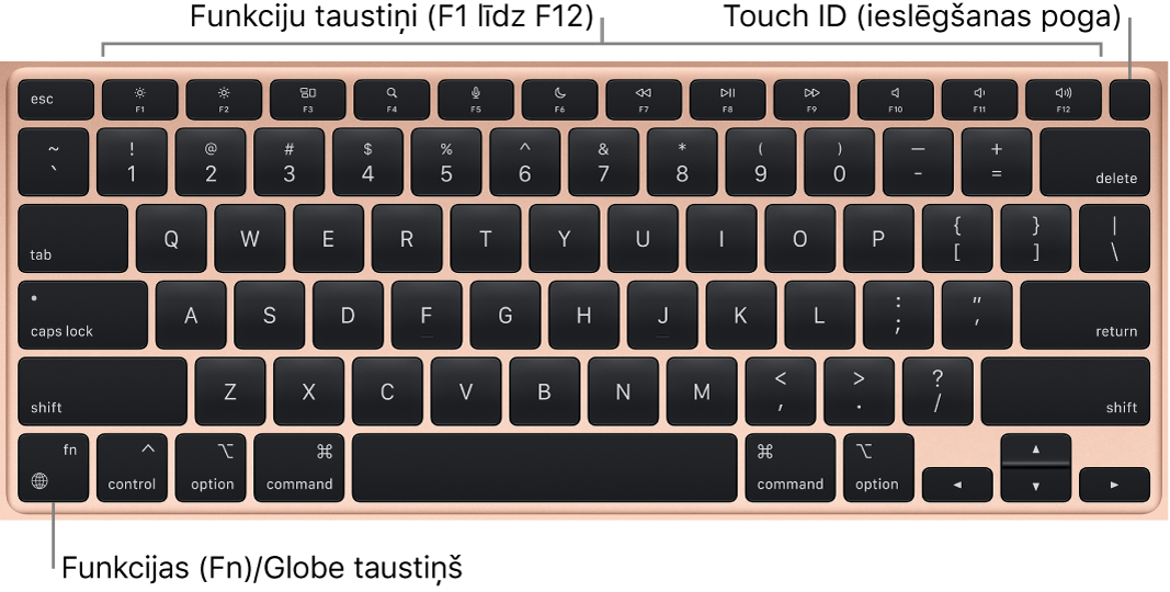 MacBook Air datora tastatūrā redzama funkciju taustiņu rinda, Touch ID ieslēgšanas poga augšējā malā un taustiņš Function (Fn) apakšējā kreisajā stūrī.